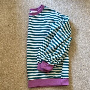 Striped Teal & White Crewneck Sweatshirt with Purple Trim